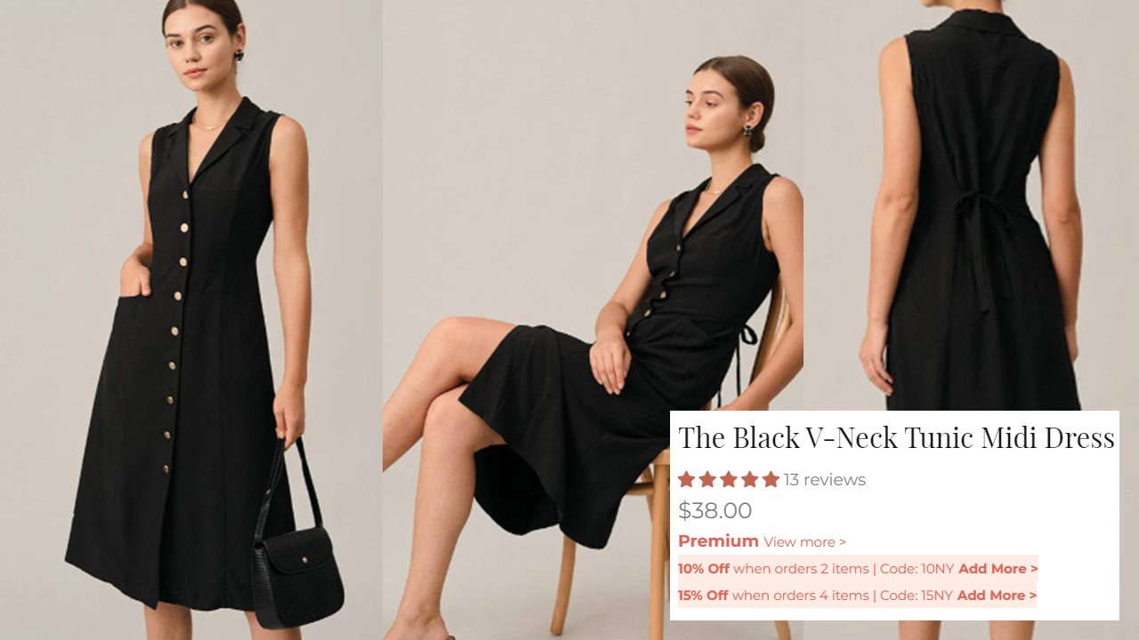 RIHOAS' Black V-Neck Tunic Midi Dress. Photo Courtesy: RIHOAS. Collage Courtesy: Fashionnovation.