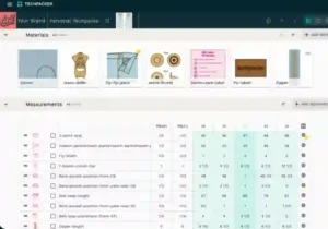 Professional fashion tech pack document with sketches, measurements and fabric swatches