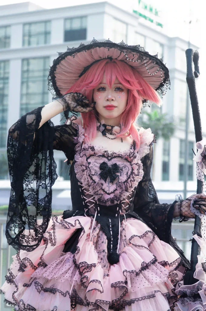 Japanese Lolita fashion style with Victorian influenced dress and elaborate accessories