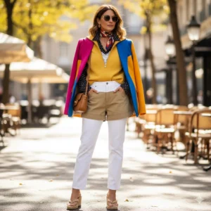 stylish lady in butter yellow + polka dot layering for transitional weather.