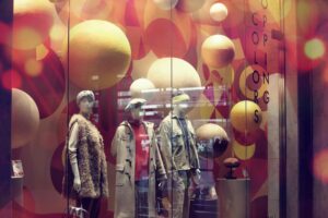 Fashion visual merchandising store display with expertly arranged clothing