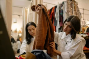 woman browsing vintage clothing charity shop thrift store