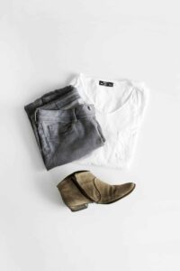 Capsule wardrobe flat lay showing essential clothing pieces in neutral palette